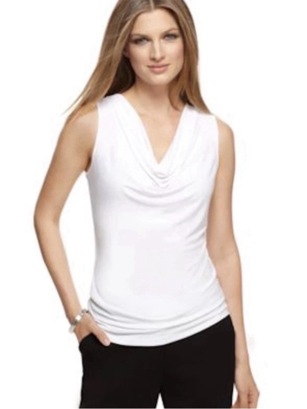 Calvin Klein Drape Cowl Neckline Tank Office Shirt Basics Layer White Medium